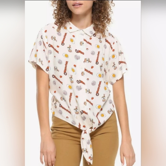 BoxLunch Tops - BoxLunch Maruchan Logo Boxy Button Up Tie-Front Woven Short Sleeve Top Size L